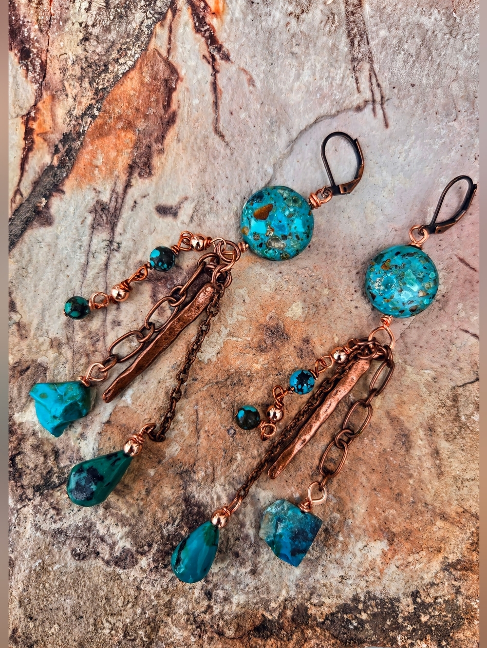 Pure Genuine Turquoise In Multi Strand Bohemian Artisan Long Copper Earrings